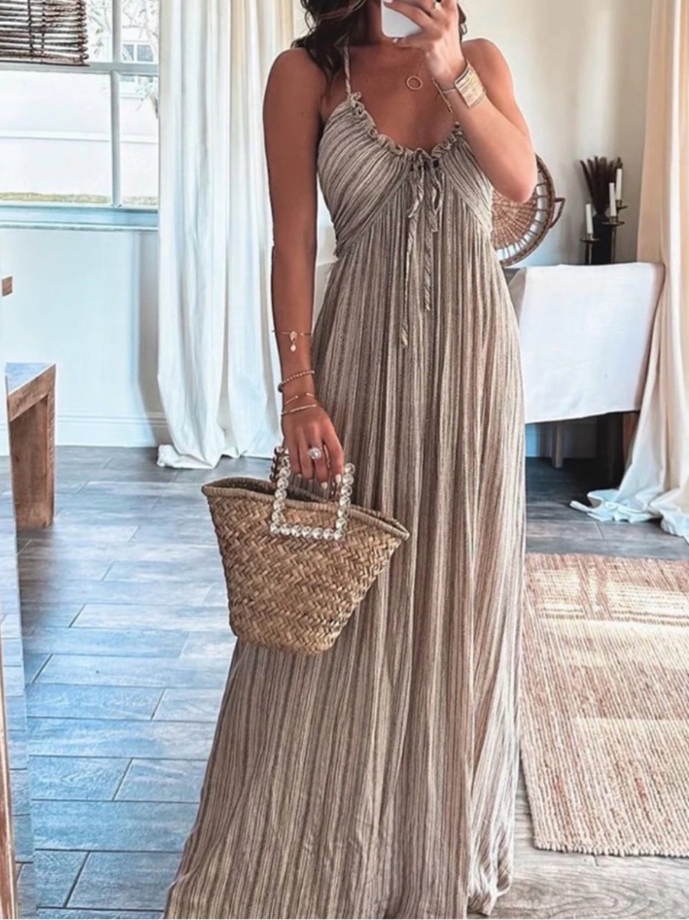 Commense Taupe Striped Spaghetti-Strap Maxi Dress BRAND NEW NEVER WORN